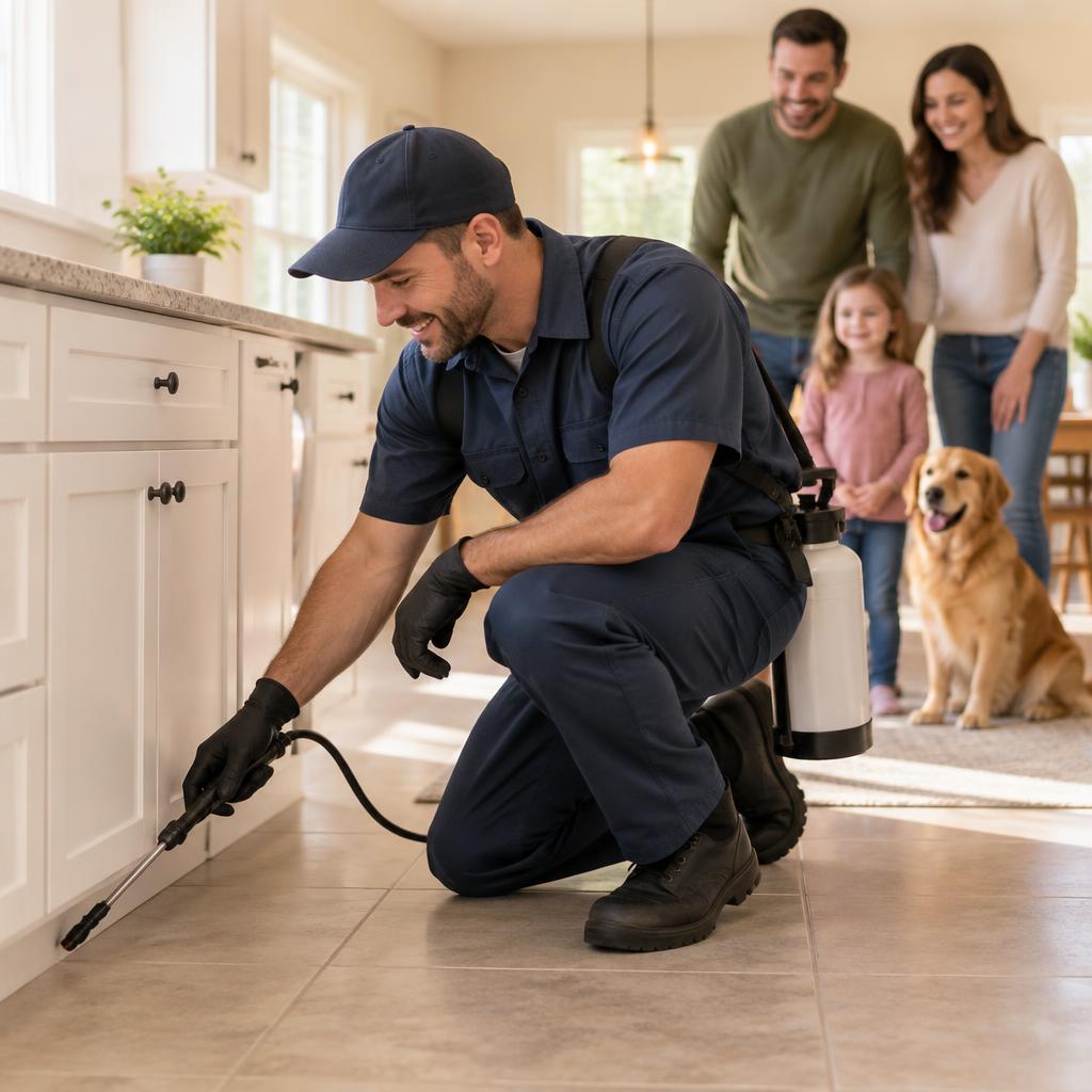 Technician treating a kitchen while a family and their dog watch safely